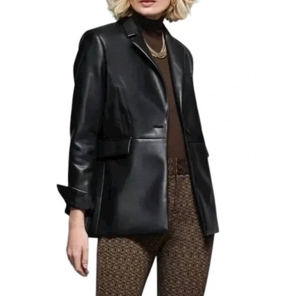 CAbi James Jacket Womens‎ Medium Black Soft Faux Leather Blazer Tailored #4495